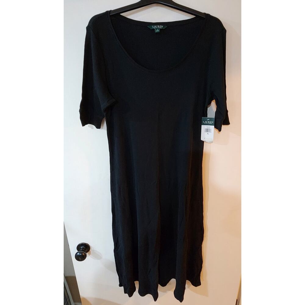 NWT Lauren Ralph Lauren black maxi dress shrt slv 100% Cotton classic stretch